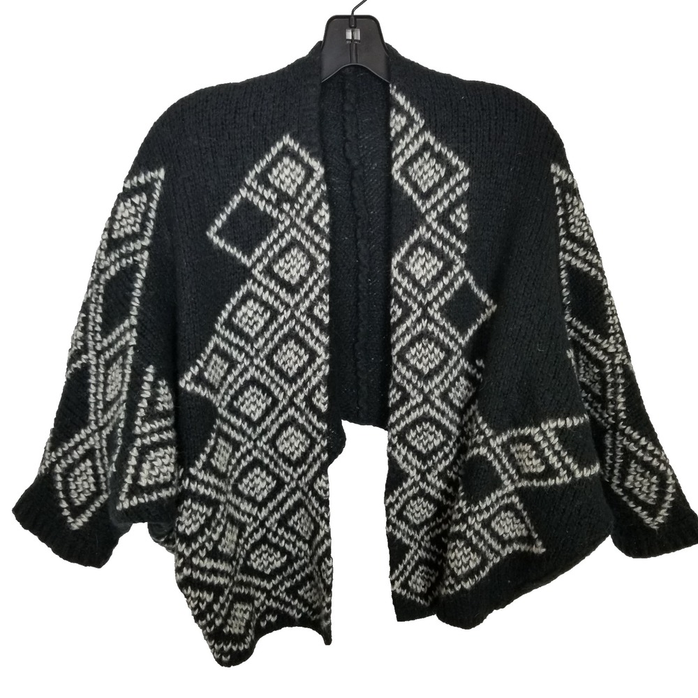 Wooden Ships Women Mohair Wool Cropped Cardigan Sz S/M Black White Print Boho‎